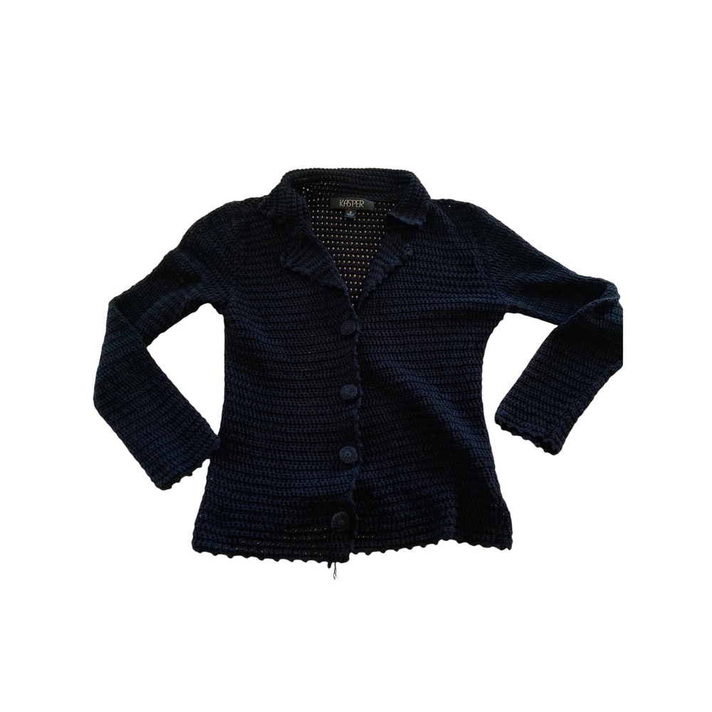 Kasper Black Crochet Cardigan Sweater Collared Button Front Cotton Small